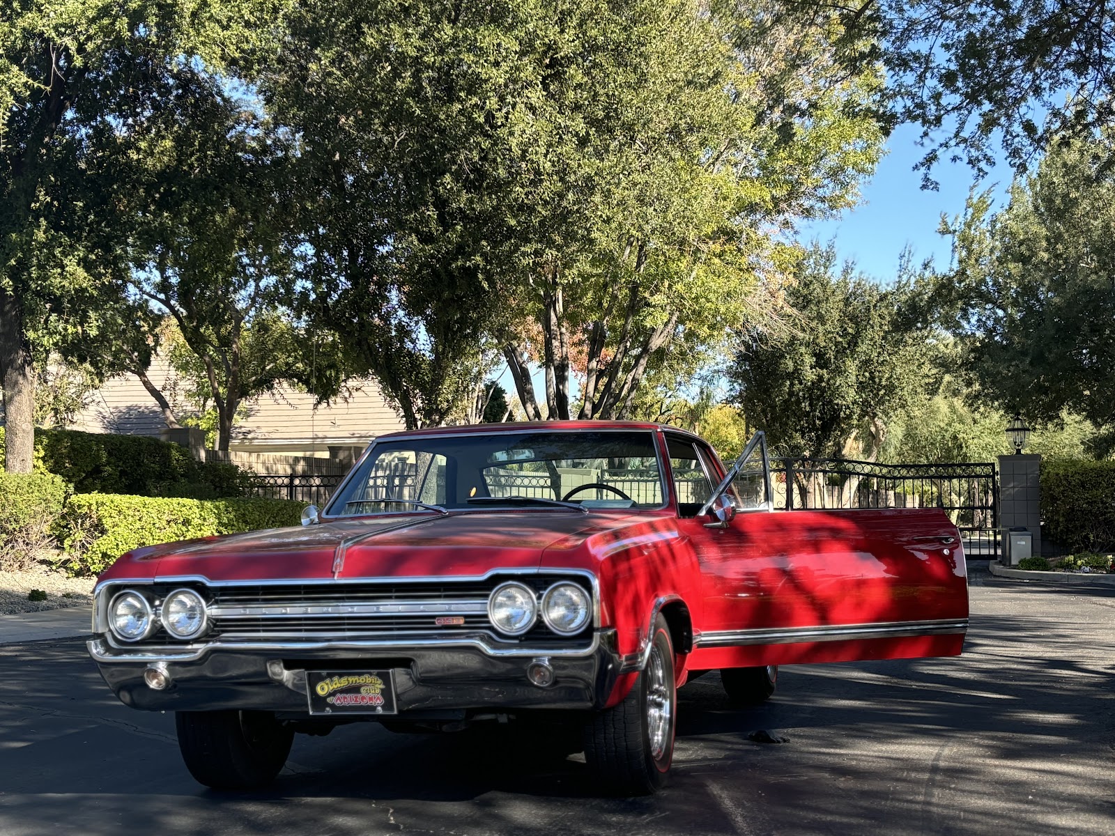 Red classic Oldsmobile parked under trees with its door open